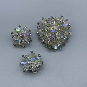 Vintage Brooch and Clip Earring Set with Clear Beads and Rhinestone Pins